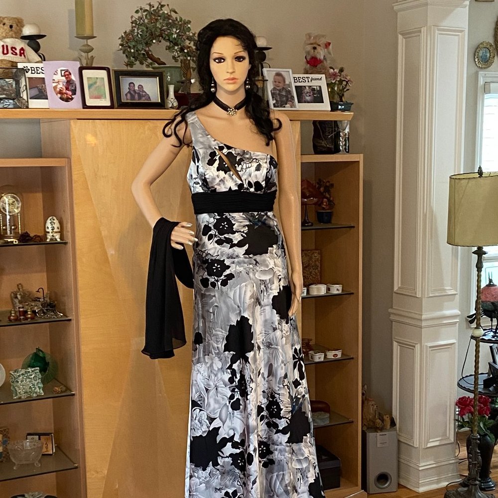 Floor length silver, black, grey * white floral print Evening Gown
